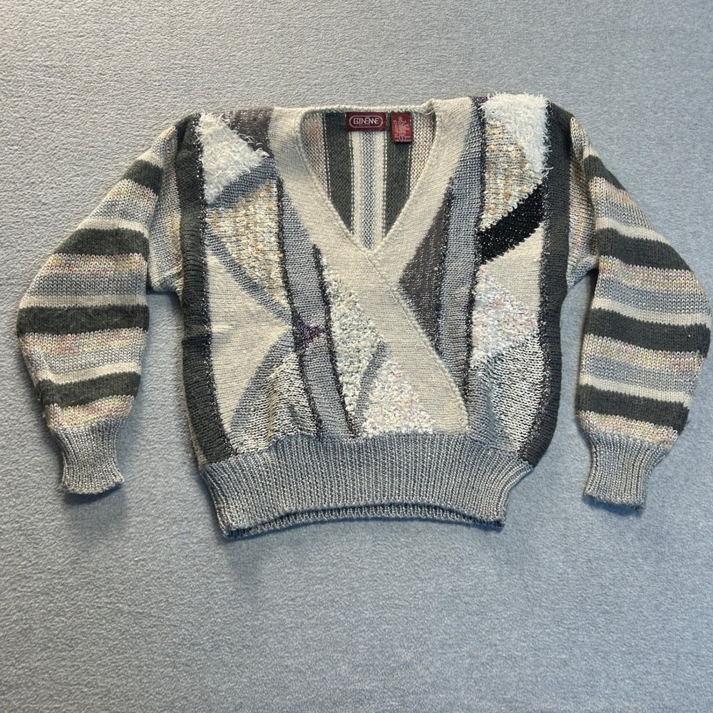 Vintage Chenne V Neck Sweater Petite Womens S Abstract Angora Lambswool Blend